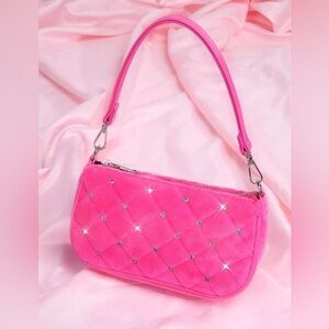 Pink Fuzzy Faux Fur Quilted Rhinestone Shoulder Purse Clutch New without Tags